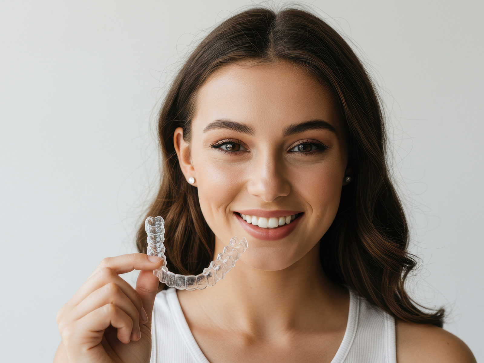 Woman smiling confidently with clear aligners on teeth