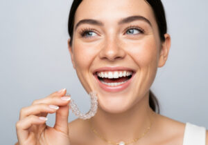 Smiling woman holding clear aligners for teeth alignment